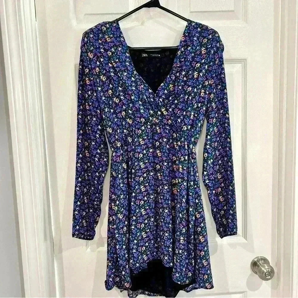 Zara Floral Long Sleeve V-Neck Mini Dress Women Sz S Shoulder Pads Feminine - Picture 4 of 11